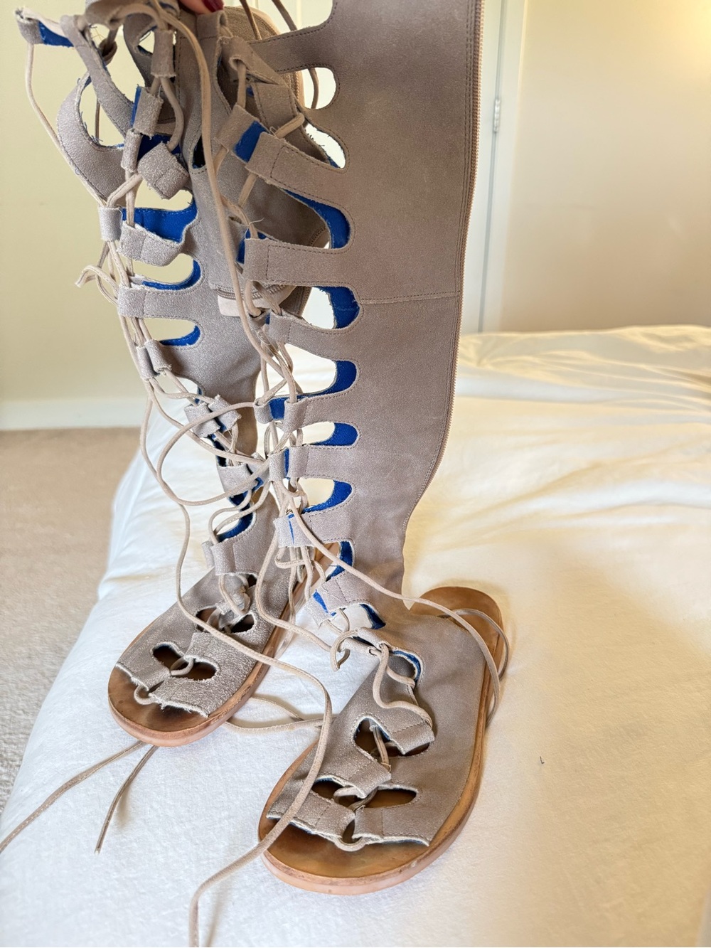 Women's Knee-High Lace-Up Gladiator Sandals in Taupe